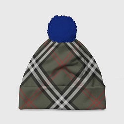 Шапка с помпоном Стильная клетка - милитари, крупно, цвет: 3D-тёмно-синий