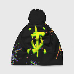 Шапка с помпоном Doom кислотное лого глитч, цвет: 3D-черный