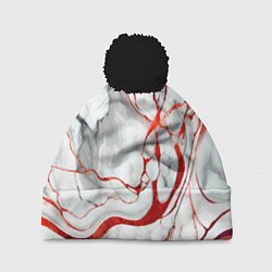 Шапка с помпоном Красно-белый мрамор, цвет: 3D-черный