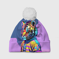 Шапка с помпоном Cool tiger cub - pop art, цвет: 3D-белый