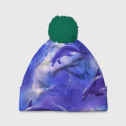 Шапка с помпоном Дельфины в волшебном море паттерн, цвет: 3D-зеленый