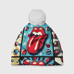 Шапка с помпоном Rolling Stones logo - pop art, цвет: 3D-белый