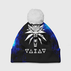 Шапка с помпоном Ведьмак лого синие краски, цвет: 3D-белый
