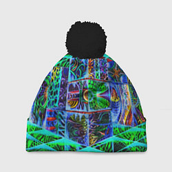 Шапка с помпоном Психоделика узор кислотный, цвет: 3D-черный