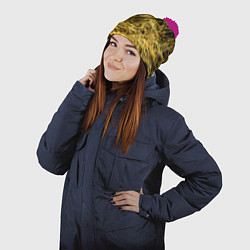 Шапка с помпоном Золотое плетение на черном, цвет: 3D-малиновый — фото 2