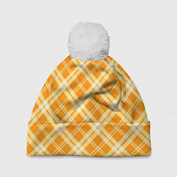 Шапка с помпоном Жёлтый крупная клетка, цвет: 3D-белый