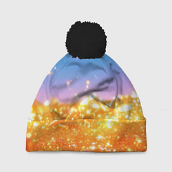 Шапка с помпоном Золотые шарики на голубом фоне, цвет: 3D-черный