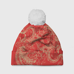 Шапка с помпоном Золотые драконы на красном, цвет: 3D-белый