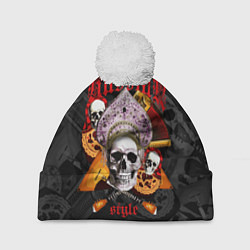 Шапка с помпоном Череп в кокошнике на фоне матрёшек и балалаек, цвет: 3D-белый