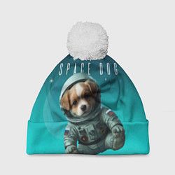 Шапка с помпоном Собака в бирюзовом космосе, цвет: 3D-белый