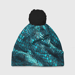 Шапка с помпоном Бирюзовая чешуя рептилии - абстрактный паттерн, цвет: 3D-черный