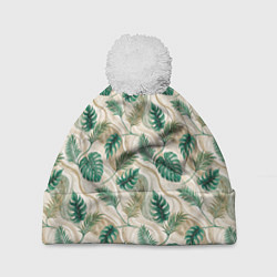 Шапка с помпоном Листья монстеры на мраморном фоне, цвет: 3D-белый