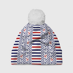 Шапка с помпоном Полосатый морской орнамент с якорями, цвет: 3D-белый