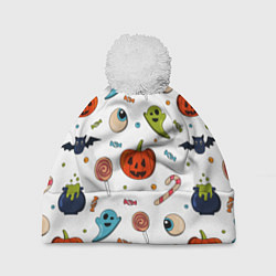 Шапка с помпоном Halloween pumpkin show, цвет: 3D-белый
