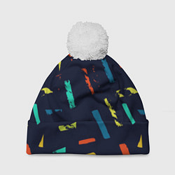 Шапка с помпоном Абстрактные разноцветные пятна в ретро стиле, цвет: 3D-белый