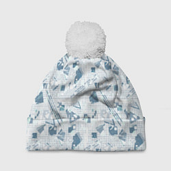 Шапка с помпоном Мемфис синий с серым клетчатый геометрический узор, цвет: 3D-белый