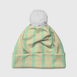 Шапка с помпоном Color beige cage blue stripes, цвет: 3D-белый