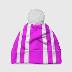 Шапка c помпоном Color white pink stripes