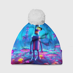 Шапка с помпоном Бендер на сказочной неоновой грибной планете - ней, цвет: 3D-белый