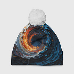 Шапка с помпоном Краска синяя и оранжевая в форме вихря, цвет: 3D-белый