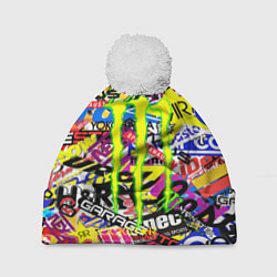 Шапка с помпоном Monster energy бренды стикеры, цвет: 3D-белый
