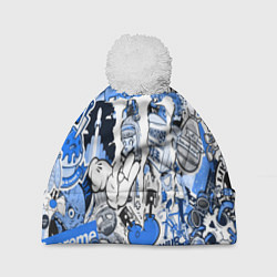 Шапка c помпоном Monster energy sticker blue