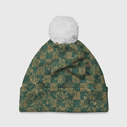 Шапка с помпоном Цветы на зелёной шахматной доске, AI, цвет: 3D-белый