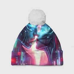 Шапка с помпоном Cyber neon kiss - ai art fantasy, цвет: 3D-белый
