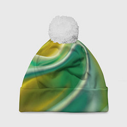 Шапка с помпоном Шелк зеленый с желтым, цвет: 3D-белый