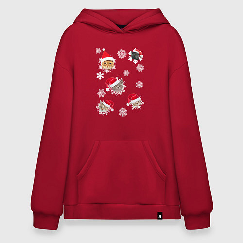 Худи оверсайз Новогодние Коты в Шапках / Красный – фото 1