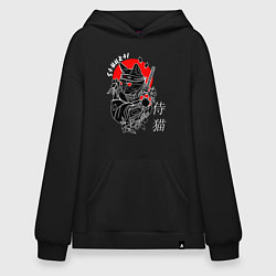 Толстовка-худи оверсайз Samurai cat inscription, цвет: черный