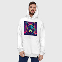 Толстовка-худи оверсайз Неоновый енот на фоне киберпанк-города, цвет: белый — фото 2