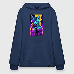 Толстовка-худи оверсайз Прикольный неоновый котёнок - киберпанк, цвет: тёмно-синий