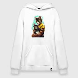 Толстовка-худи оверсайз Кот с котёнком - нейросеть, цвет: белый