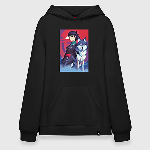 Худи оверсайз Девочка со своим другом волком - аниме / Черный – фото 1