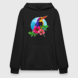 Толстовка-худи оверсайз Тропическая птица в цветах, цвет: черный