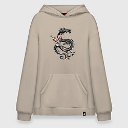 Толстовка-худи оверсайз Дракон с цветущей сакурой, цвет: миндальный