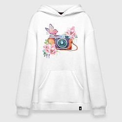 Толстовка-худи оверсайз Фотоаппарат в цветах и бабочки, цвет: белый