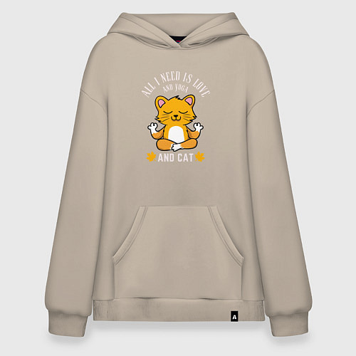 Худи оверсайз Всё что нужно это любовь йога и кот / Миндальный – фото 1