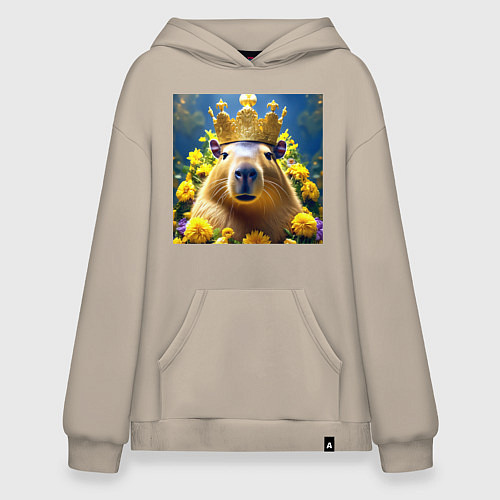 Худи оверсайз Мем капибара царь на троне и желтые цветы / Миндальный – фото 1