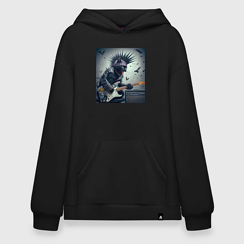 Худи оверсайз Котёнок панк гитарист - нейросеть / Черный – фото 1