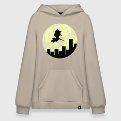 Толстовка-худи оверсайз Дракон, летящий над городом, цвет: миндальный