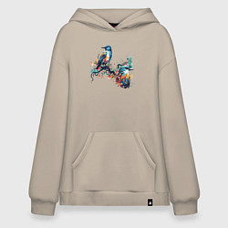 Толстовка-худи оверсайз Птицы на ветке дерева, цвет: миндальный