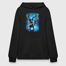 Толстовка-худи оверсайз Cyber Pikachu - neon glow ai art, цвет: черный