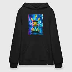 Толстовка-худи оверсайз Funny neon Pikachu под энергетическим барьером - a, цвет: черный