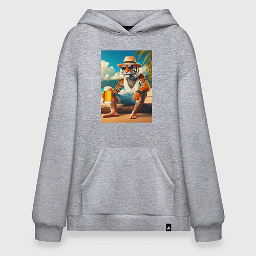 Худи оверсайз Чувак тигр с кружкой пива на пляже / Меланж – фото 1