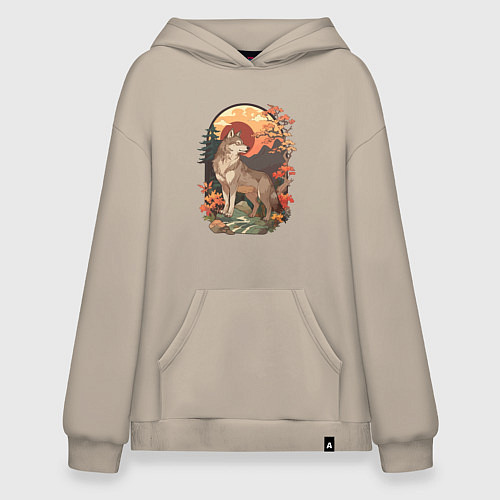 Худи оверсайз Волк в лесу в японском стиле / Миндальный – фото 1
