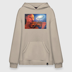 Толстовка-худи оверсайз Скрипачка и космос - живопись, цвет: миндальный