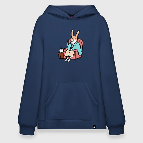 Худи оверсайз Заяц согревается с чашкой чая / Тёмно-синий – фото 1