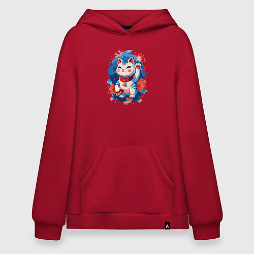 Худи оверсайз Манеки Неко, белая кошка удачи с цветами / Красный – фото 1